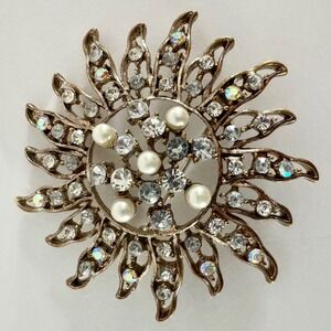 Vintage Monet Sunburst Brooch Gold Tone Rhinestone AB Crystal Faux Pearl Pin